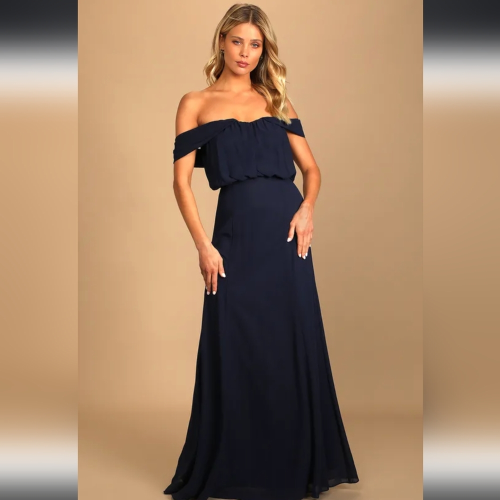 NWT Lulu's Enduring Love Off the Shoulder Navy Blue Maxi Dress, size L